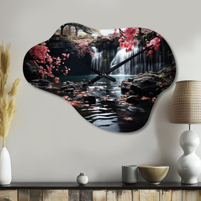 Peach Tree Waterfall Natures Elegance II - horloge asymétrique en métal, horloge murale en métal rose