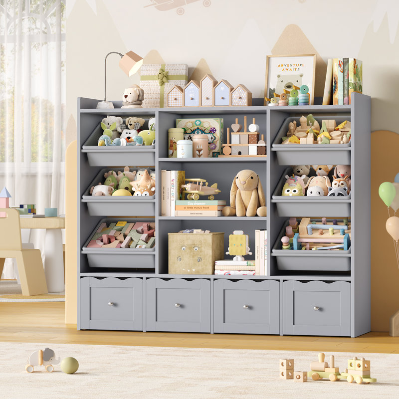 Organisateur multifonctionnel pour enfants: l 55 po x H 48 po: bibliothèque de jouets à 4 tiroirs et bibliothèque avec 6 bacs amovibles