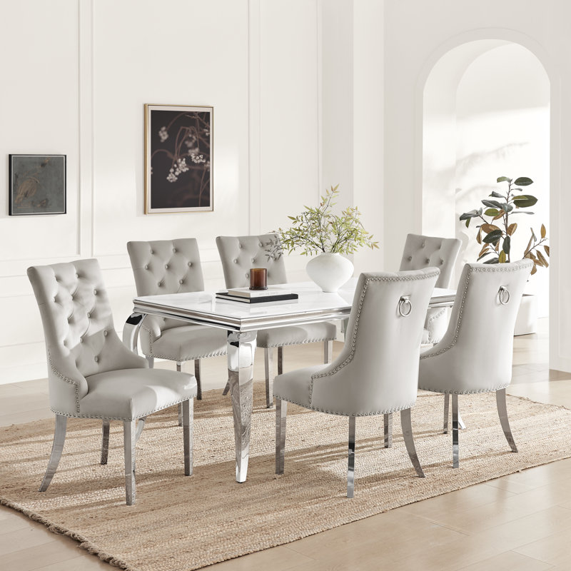 Bilche Rectangular White Marble Glass & Metal Table With Eubanks Velvet Knockerback Chairs, 6