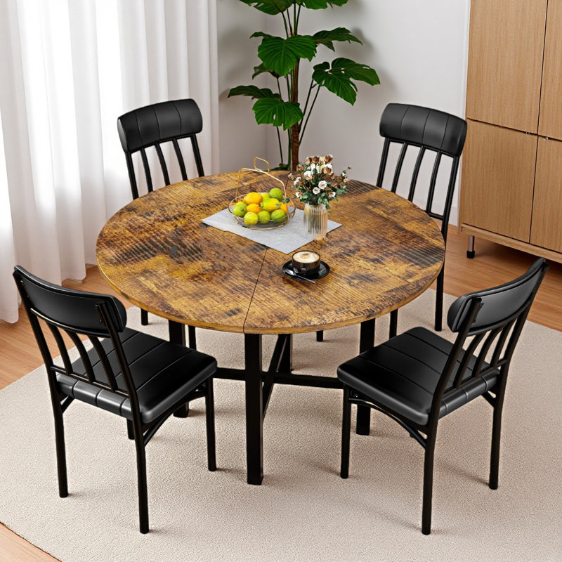 Table de salle à manger ronde pour 4 à 6 personnes, table de cuisine en bois et chaises pour 4 personnes, table de cuisine en panneau de fibres à densité moyenne et structure en métal, table de salle à manger moderne avec 4 chaises en similicuir, table de salle à manger ronde pour les petits espaces