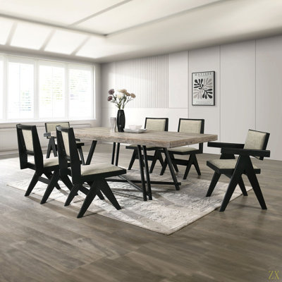 Ensemble de salle à manger contemporain 7 pièces en bois d'hévéa noir avec 2 fauteuils et 4 chaises