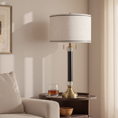 Lampe de table en acier et cristal - Cabar doré - Abat-jour blanc