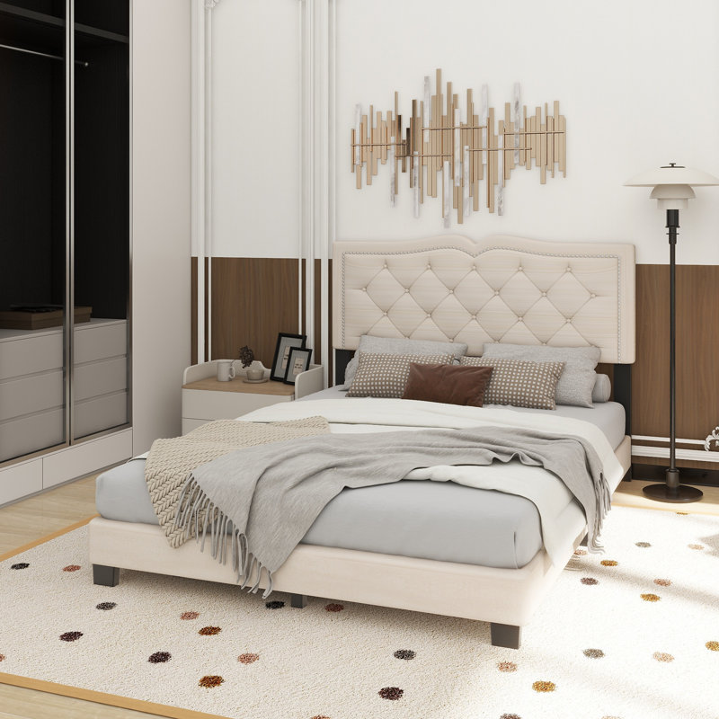 Queen Size Upholstered Bed Frame With Rivet Design, Modern Velvet Platform Bed With Tufted Headboard,Grey, Beige, Queen