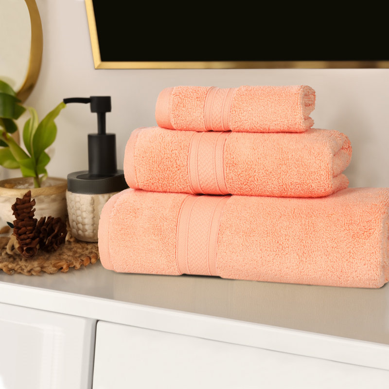 Menelaus Chevron Zero Twist Solid Cotton 3 Piece Bathroom Towel Set, Peach