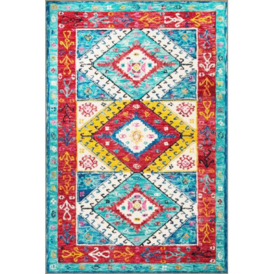 Yellow Geometric Patterned Woven Base Washable Rug