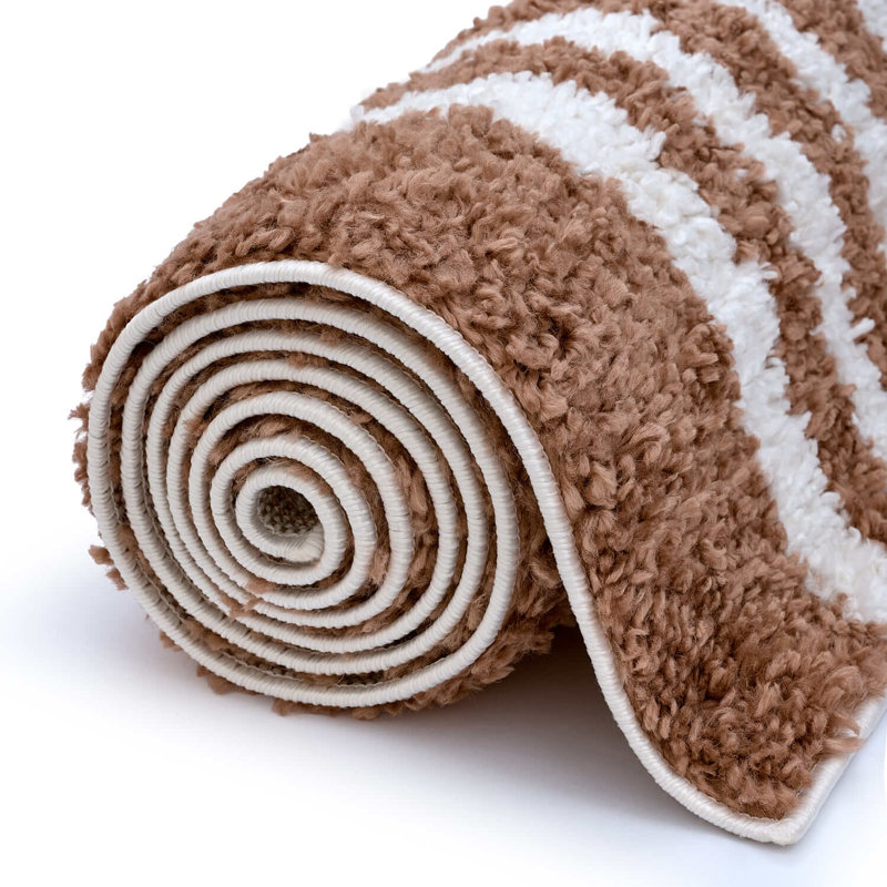 Moodi Modern Shaggy Area Rug Abstract Line Design, Off-White/Terra, Rectangle 120 x 170 cm