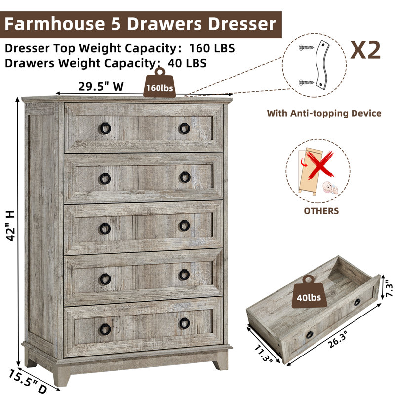 Farmhouse 5 Drawer Dresser For Bedroom, 42" Tall Small Dressers & Chest Of Drawers, Rustic Wood Dresser With Metal Handle, Storage Organizer Closet For Living Room, Hallway, Entryway