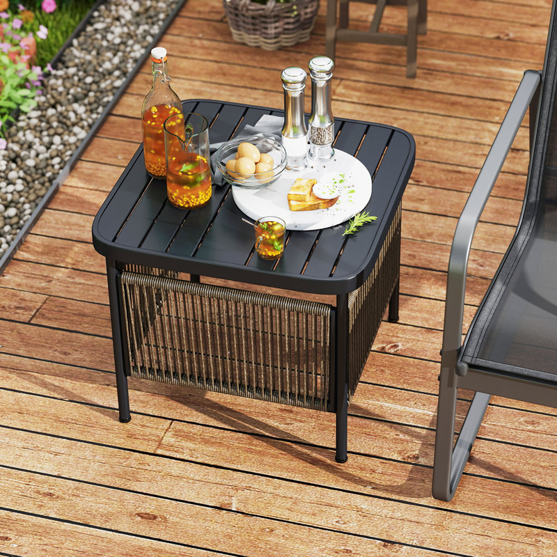  Outdoor PE Rattan Side Table w/ 1.57'' Umbrella Hole Square Patio End Table, 1