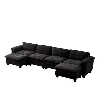 Black Luxury 4-Seater U-Shape Sofa with Two Ottomans - Soft Chenille Upholstered Living Room Furniture