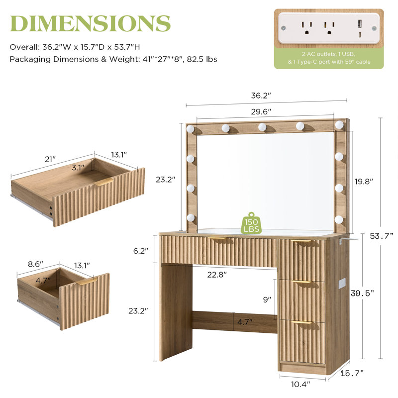 36.2" W Modern Vanity Desk With 4 Drawers, Led Lighted Mirror & Power Outlets, Natural, Natural