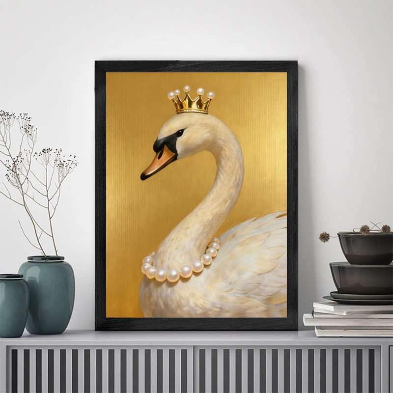 Reproduction d'art encadrée noire rétro «The Swan with a Crown», H 11 po x l 9 po