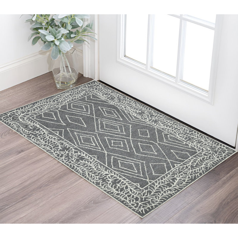 Tapis géométrique crocheté à la main gris et ivoire 2 pi x 3 pi