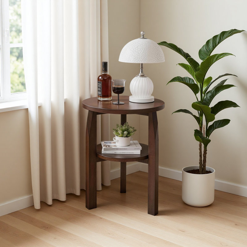 Table de bout ronde en bois d'hévéa massif, table d'appoint à 2 niveaux avec tablette de rangement, petite table d'appoint pour le salon, la chambre à coucher