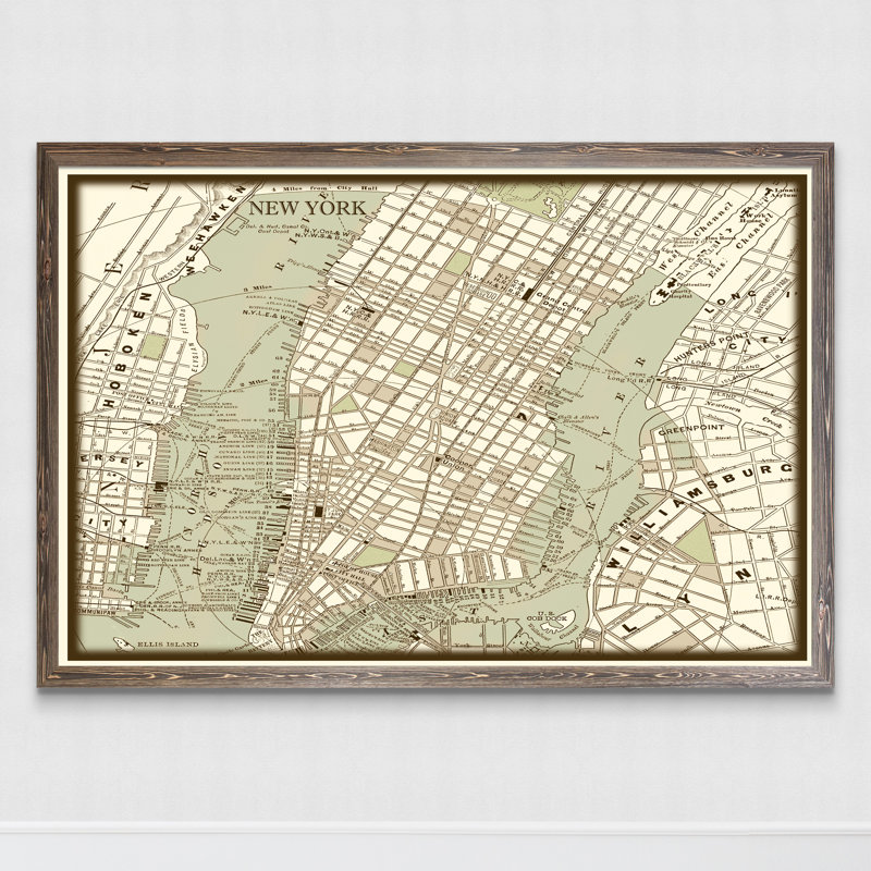 «Custom Sepia Map of New York City» par Paul Cezanne - impression encadrée, H 30 po x l 22 po x P 1 po, Toile avec cadre