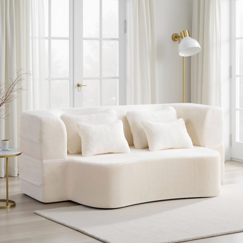 Boneless 80" Modern Convertible Floor Sofa, Queen Size Folding Futon & Foam Mattress With 4 Pillows, White