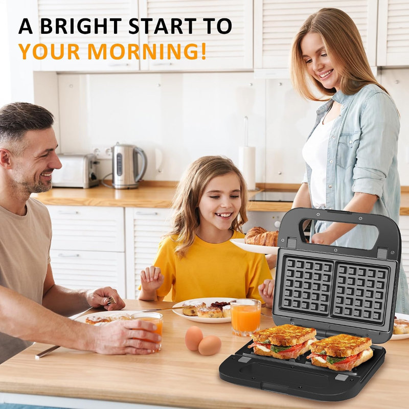 Machine à sandwich électrique 3 en 1 et gaufrier avec 3 plaques antiadhésives amovibles, presse à panini 750 W et gril, noir
