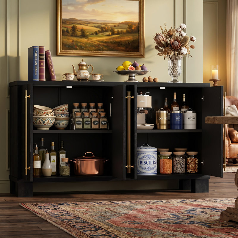 Buffet 60 "en bois avec tablettes réglables et poignées dorées, noir, Noir