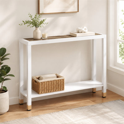 Une table étroite en verre à double couche de 41 pouces de couleur dorée et blanche, qui convient au rangement dans divers cas de figure, y compris le vestibule, le salon, le couloir et le bureau.