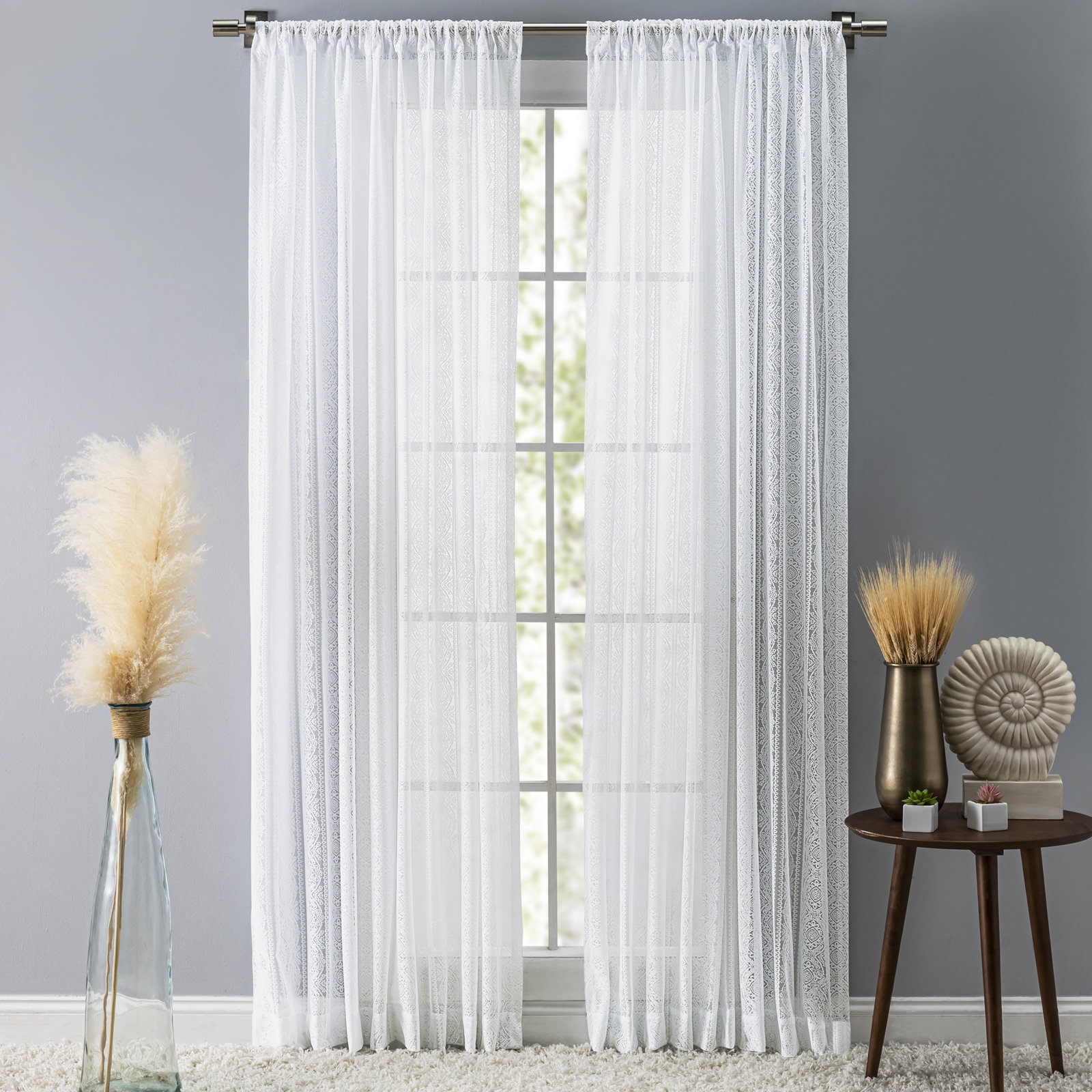 Erial Geometric Lace Semi-Sheer Curtain Panel, 54'' W x 63'' L, Gray