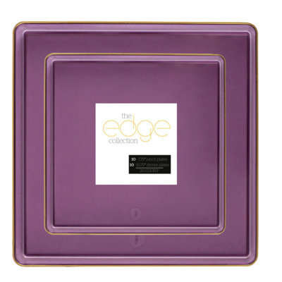 COMBO SET The Edge Collection 10.75inches & 7.75inches Square Transparent Purple With Gold Rim Plastic Dinnerware