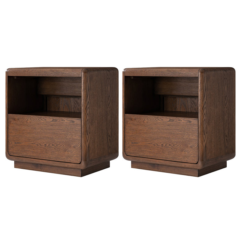 Allegan 26''W Mid-Century Modern Oak Veneer Nightstand with Charging Ports and Hidden Drawer, Walnut