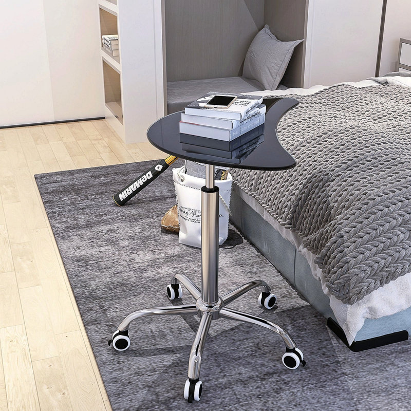 Adjustable Height Transparent Tempered Glass Table Desk Table With Lockable Wheels(Adjustable Range 24.2 "32.7 "), Black