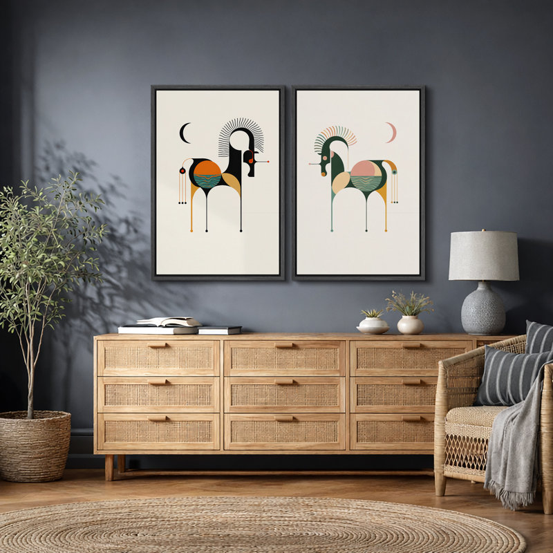 Art moderne et moderne, cheval, art animalier géométrique minimaliste, impression sur toile encadrée, 2 pièces