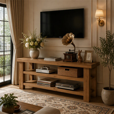 63" Solid Wood TV Stand for 55–75 Inch TVs, Farmhouse Entertainment Center with 2-Tier Open Shelves