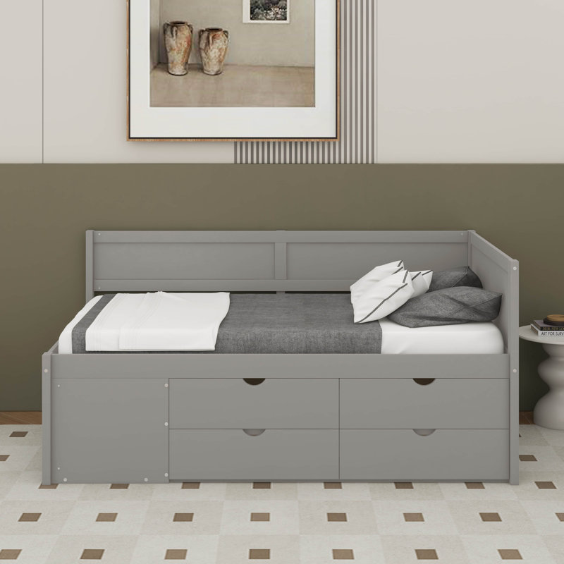 Lit de jour avec tiroirs et tablettes, Gris, Lit simple