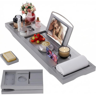 Foldable Bathtub Caddy Tray, Bamboo Bath Tub Tray Table For Tub With Wine Glass Holder Book Phone Tablet Holder With Extending Sides, Adjustable Bathroom Bathtub Free Soap Holder Gift Idea (Grey)