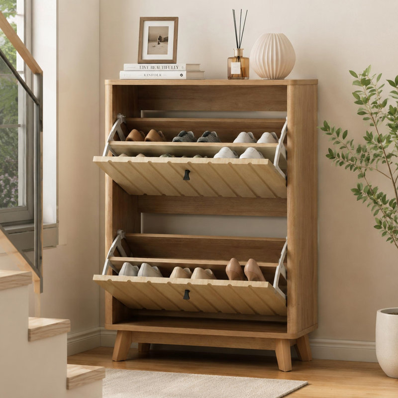 Ultra-Thin Flip-Down Shoe Cabinet with Adjustable Shelves