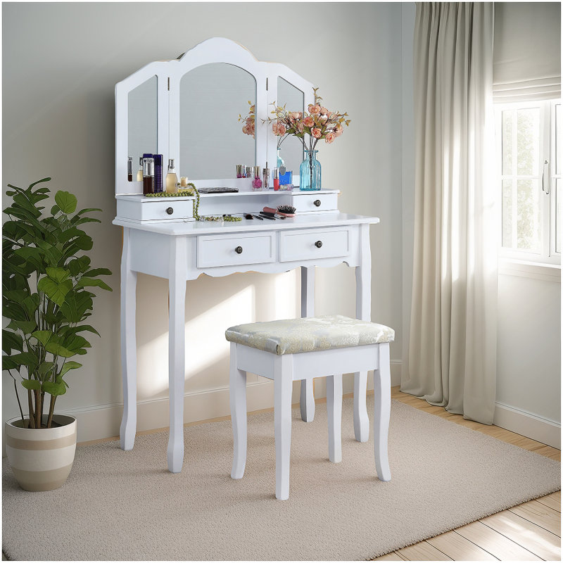 Ensemble coiffeuse et tabouret en bois Sanlo, White