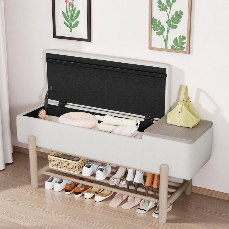 Modern Storage Bench with Memory Foam Cushion and Rubber Wood Legs, Natural/Beige