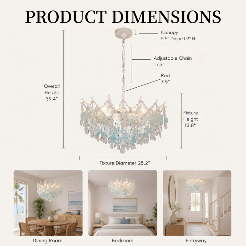 8-Light Light Blue Capiz Shell Crystal Chandelier
