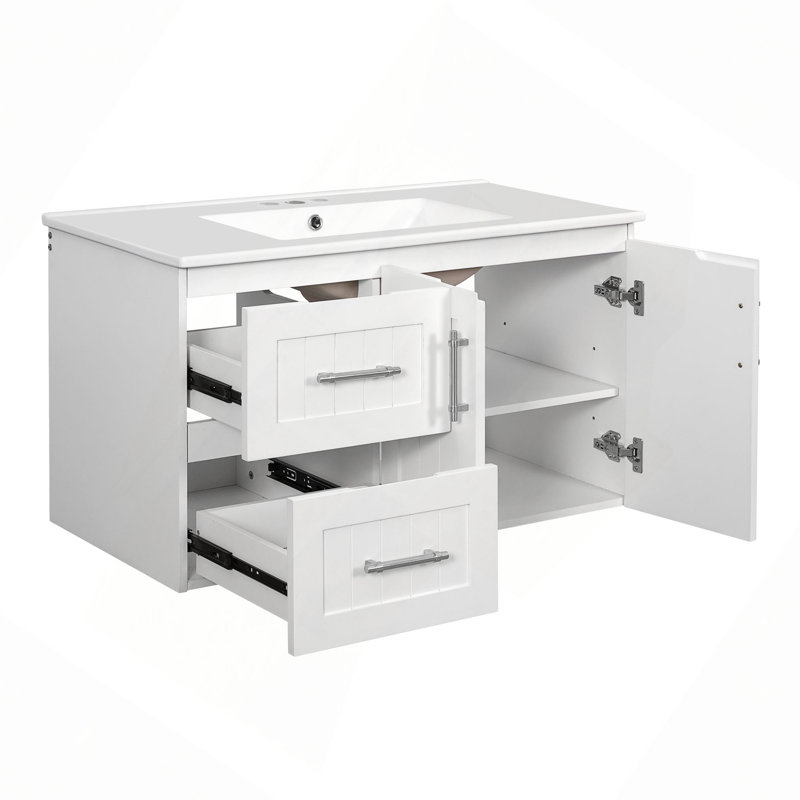 Meuble-lavabo mural 36 po, armoire de rangement flottante avec 2 tiroirs, lavabo simple en céramique à 3 trous, armoire moderne avec tablette réglable