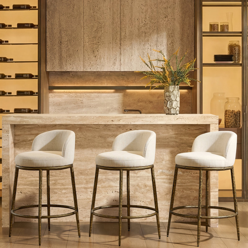 26.5" Upholstered Counter Stool With Gold Hammered Metal Legs & Curved Low Back For Kitchen Island, Set Of 3, Gold, 3