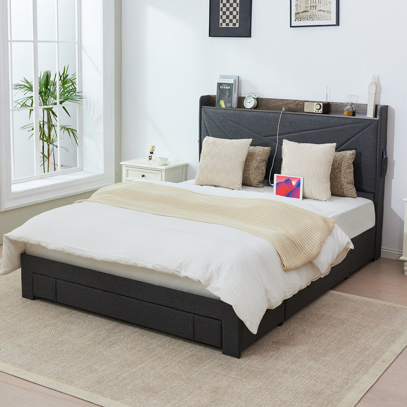 Grand lit ， Lit plateforme confortable avec tiroirs de rangement - Un mélange de confort, de commodité et de design chic, aucun sommier nécessaire, assemblage facile （Gris）