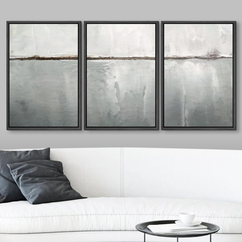 "Minimal Landscape" Greenish Gray Abstract Simple Modern Decor, reproduction d'art sur toile encadrée 3 pièces