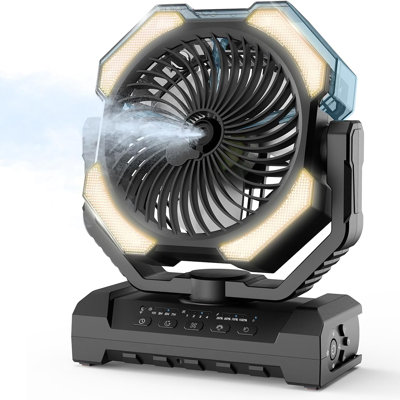Ventilateur de camping brumisateur - Portable avec réservoir de 9 oz, lumière, crochet - Alimentation par batterie 120H MAX en fonctionnement, refroidissement rapide, 4 vitesses, minuterie, mode veille, pour l'extérieur, les voyages, les patios, la pla