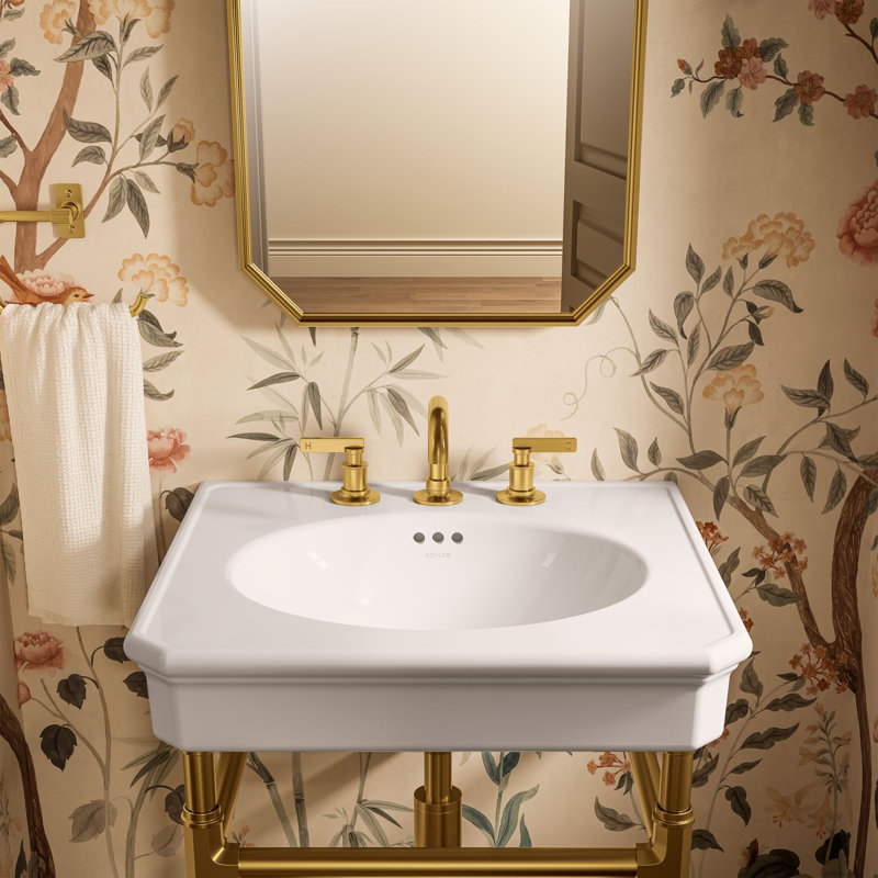 Claude by Studio McGee 24" Rectangular Console Table Bathroom Sink, White/Vibrant Brushed Moderne Brass, Widespread Faucet