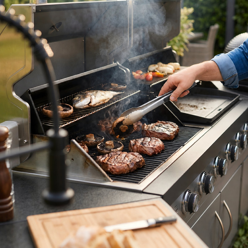 BroilChef® Yosemite Outdoor Kitchen | 7 Burner-Gas Modular Kitchen Set   #304  Stainless Steel Outdoor Kitchen, The Gas Grill+ Griddle + Ceramic Kamado Grill Modular Suite 