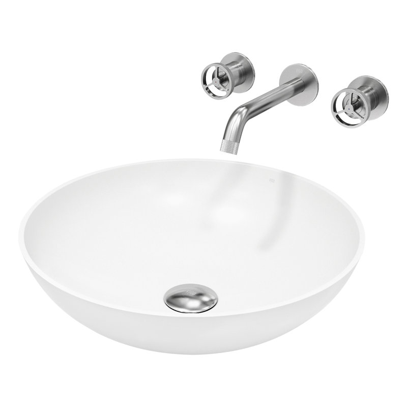 Lotus 16" L x 16" W x 5" H Round White Matte Stone™ Vessel Bathroom Sink with 3" H Faucet