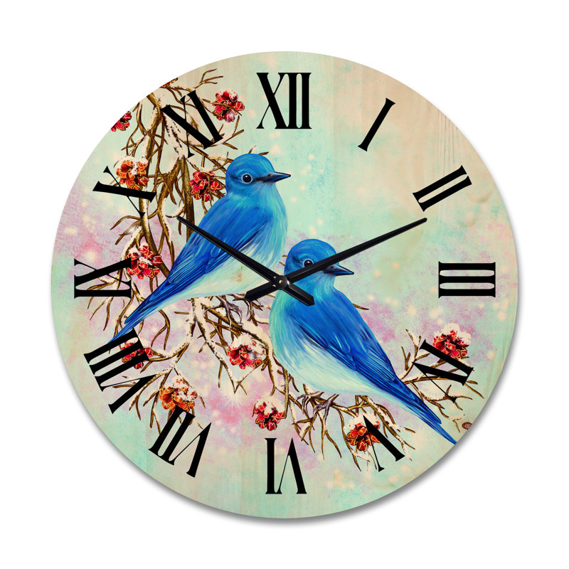 Horloge murale en bois deux oiseaux assis sur une branche avec des baies, Très grand