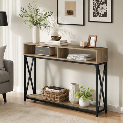 Table d'appoint, console, vestibule, étroit, canapé, salon, chambre à coucher, stratifié brun, métal noir, contemporain, moderne