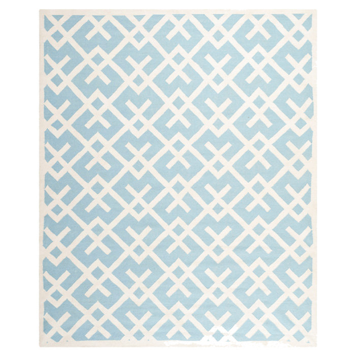Fung Hand Woven Flat Weave Wool/Cotton Geometric Rug in Light Blue/Ivory