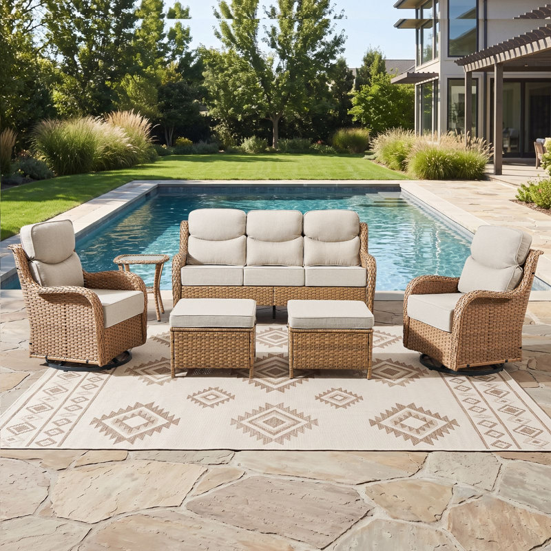 Ensemble de conversation de jardin en rotin pour 5 personnes avec repose-pieds, Beige, Jaune