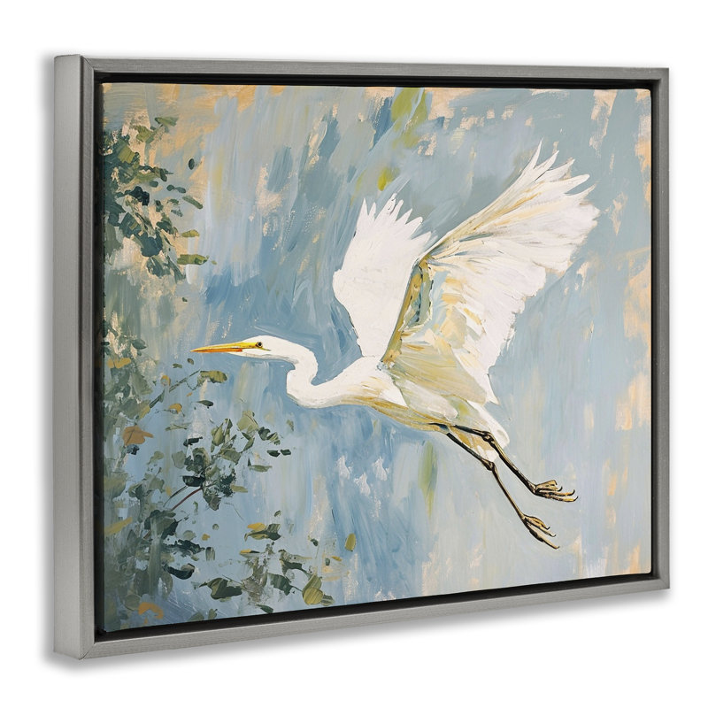 «White Heron in Flight» par Ramona Murdock, Cadre flottant gris lustré, H 25 po x l 31 po