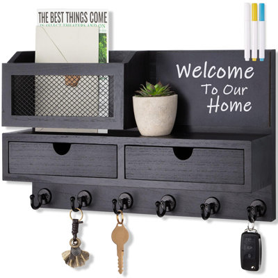 Key Holder For Wall, Key And Mail Holder For Wall With Storage Drawer, Entryway Rustic Home Decor, 3 Liquid Chalks & Chalkboard,  Black