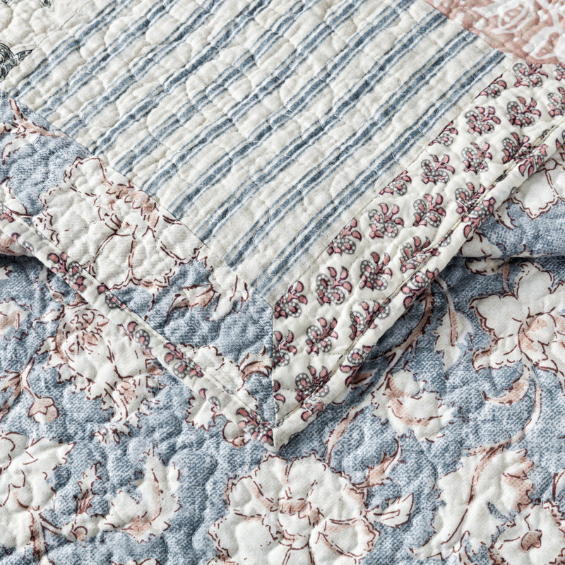 Courtepointe réversible 3 pièces en coton bleu standard, Full/Queen Quilt + 2 Standard Shams