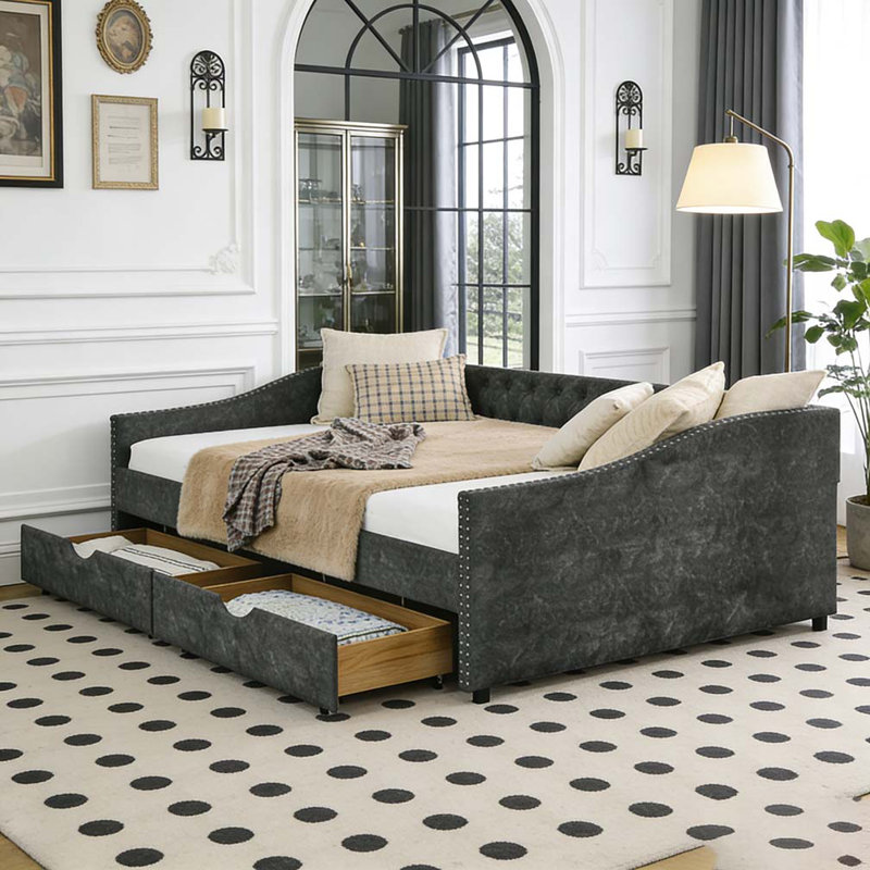Lit de jour simple avec tiroirs et canapé-lit capitonné, Lit simple, Polyester gris